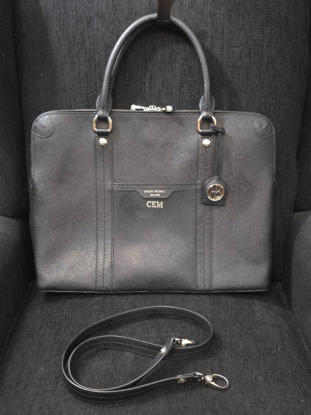 Henri Bendel West 57th Black Leather Laptop Briefcase Bag
